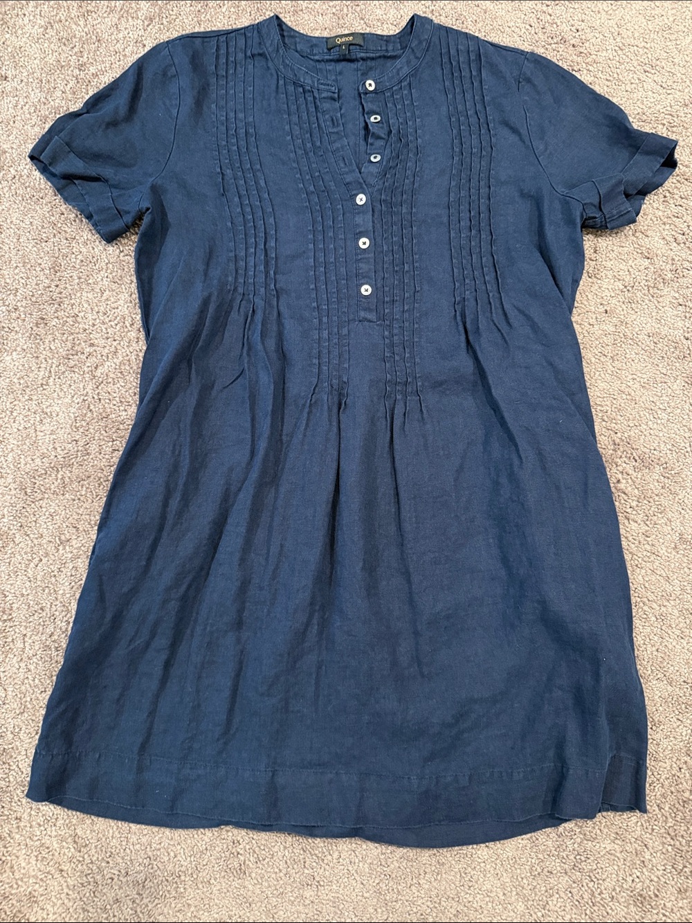 Quince Navy Pintuck Short-Sleeve Mini Dress